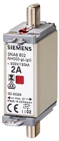 Siemens 3NA6820 LV HRC Fuse Link, NH000, in: 50 A, gG, Un AC: 500 V, Un DC: 250 V, Combination Indicator, Insulated Grip lugs, White