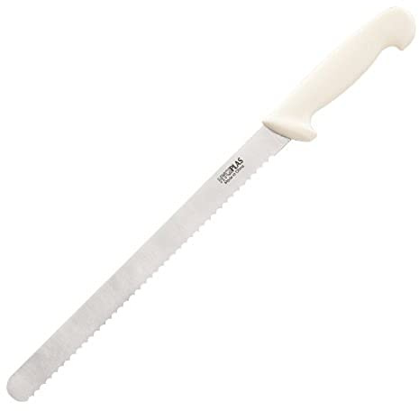 Hygiplas Serrated Slicer Knife Stainless Steel 12, White Handle | Glides through crusty bread and roasted meats without tearing, ensuring clean presentation in commercial kitchens.