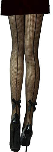 Yummy Bee - Medias de Rejilla Negra - Pantimedias con Costura Traseras Lazos Saten Tobillos - Pantys Disfraz