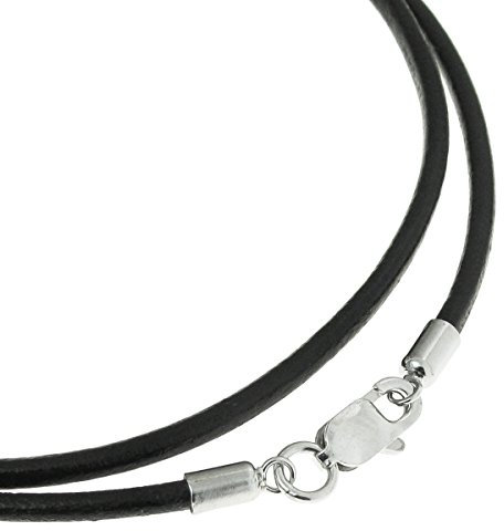 Queenberry Black Leather 2mm Choker Necklace with Sterling Silver Lobster Clasp, 16