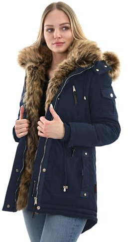 Navahoo warme Damen Winter Jacke Parka lang Mantel Winterjacke Fell Kragen B380 [B380-Daria-Navy-Gr.M]