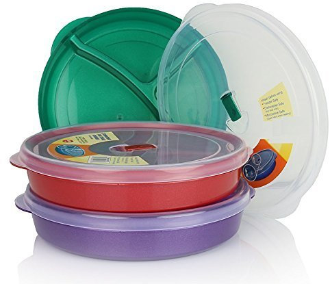 Chef's Choice Regent Products (Set of 3) Microwave Food Storage Tray Containers - 3 Section/Compartment Divided Plates w/Vented Lid