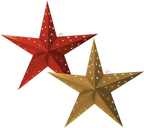 BRUBAKER Falt Weihnachtssterne LED, Fotokarton mit Stern Ausschnitten, 60 cm Ø, Rot und Gold, Doppelpack