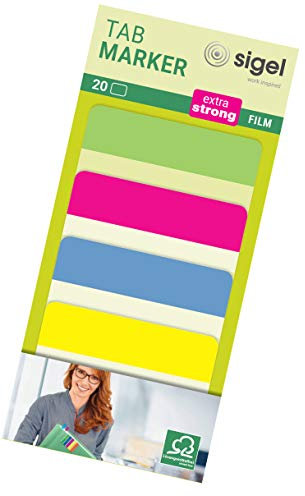 SIGEL HN204 Tab Marker, extra starke Haftmarker, 50 x 38 mm, 20 Streifen, für dauerhafte Anwendung, beschriftbar und rückstandsfrei wiederablösbar