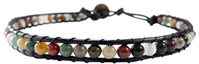 Infinityee888 Bracelet de cheville en pierre de jaspe tissé avec cordon en cuir Fait main Hippie Bohème Unisexe Cadeau pour homme et femme 25,4 cm