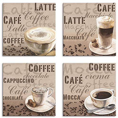 ARTLAND Wanddeko Küchenbilder Leinwand Bilder Set 4 teilig je 20x20 cm Quadratisch Kaffee Bilder Milchkaffee Latte Macchiato A6PL