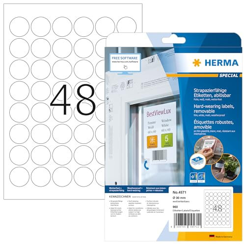 HERMA 4571 Wetterfeste Folienetiketten ablösbar rund, 20 Blatt, Ø 30 mm, 48 pro A4 Bogen, 960 Stück, selbstklebend, bedruckbar, matt, blanko Klebeetiketten Aufkleber aus Folie, weiß