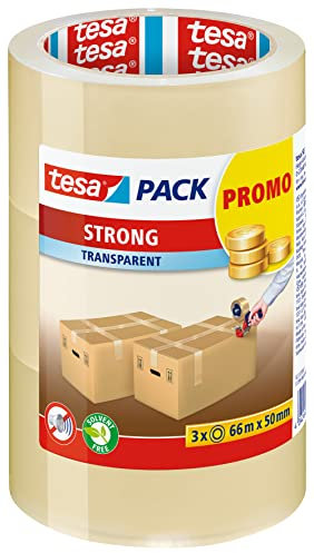 tesa tesapack Strong - Geräuscharmes Paketklebeband zum Verpacken von Paketen und Versandschachteln - transparent - 3 Rollen je 66 m: 50mm