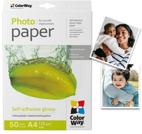 COLORWAY hoch glänzend Fotopapier Selbstklebend 50 Blatt DIN A4 115g/m² Etiketten Sofort Trocken Wasserfest für alle Tintenstrahldrucker InkJet Fotoqualität Druck