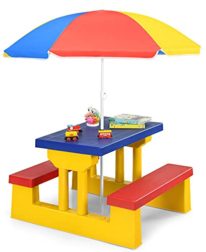 GIANTEX Tavolo da Picnic, Set di Tavolo e Sedie per Bambini con Parasole Pieghevole per Giardino/Terezzo/Parco, Bambini più di 3 Anni (Giallo + Rosso + Blu)