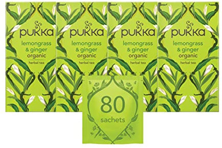 Pukka Herbs | Lemongrass & Ginger Organic Herbal Tea | Lemongrass, Ginger, Lemon Verbena Leaf and Licorice | Perfect For Feeling Strong | 4 Pack | 80 Sachets