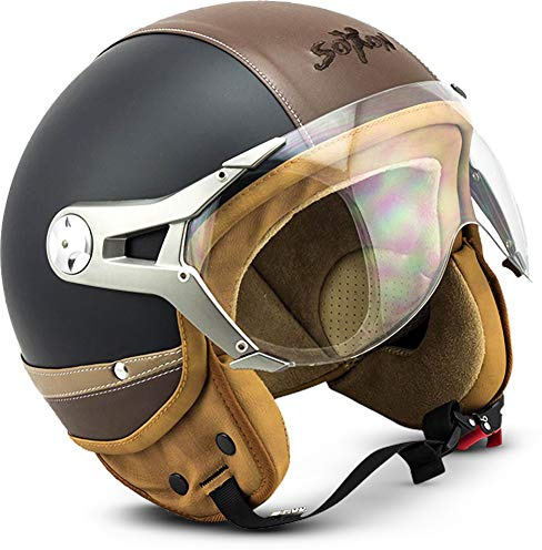 Soxon® SP-325 Urban „Black“ · Jet-Helm · Motorrad-Helm Roller-Helm Scooter-Helm Moped Mofa-Helm Chopper Retro Vespa Vintage Pilot · ECE 22.05 Visier Leather-Design Schnellverschluss Tasche M (57-58cm)