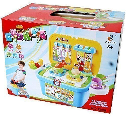 Kinderküche Mobile kompakte Spielküche Spielkiste Spielbox fahrbar Spielzeug Sound Lichteffekte 26-teilig