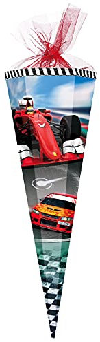 alles-meine.de GmbH Schultüte - Racing/Rennauto - 35 cm - rund - mit Tüllabschluß - Zuckertüte - mit/ohne Kunststoff Spitze - für Jungen - Auto Rennwagen/Sportwagen AUT..