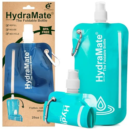 HydraMate Collapsible Water Bottle - Foldable Water Bottle BPA Free - Roll Up, Squeezable Water Pouch 750ml - Lightweight, Flexible, Refillable, Carabiner Clip. 2 Pack