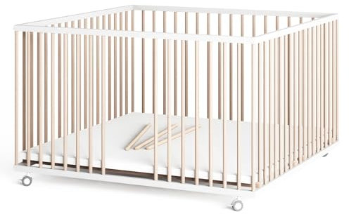 Sämann® Laufgitter 120x120 cm mit Matratze und Schlupfsprossen, stufenlos höhenverstellbar, Baby Laufstall, Buche, gummierte Rollen, Buche weiß/natur lackiert