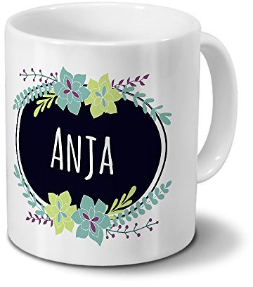printplanet Tasse mit Namen Anja - Motiv Flowers - Namenstasse, Kaffeebecher, Mug, Becher, Kaffeetasse - Farbe Weiß