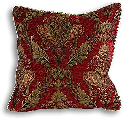 Shiraz Large Square Cushion Cover - Burgundy Red - Embroidered Damask Jacquard - Gold Piped Edges - Reversible - Zip Closure - 100% Polyester - 58 x 58cm (23 x 23 inches) - Made by Riva Paoletti
