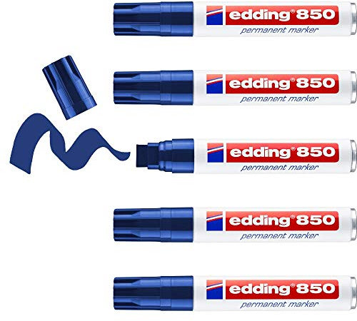 edding 850 Permanentmarker - blau - 5 Stifte - Keil-Spitze 5-15 mm - für breite Markierungen - wasserfest, schnell-trocknend, wischfest - für Karton, Kunststoff, Holz, Metall, Glas