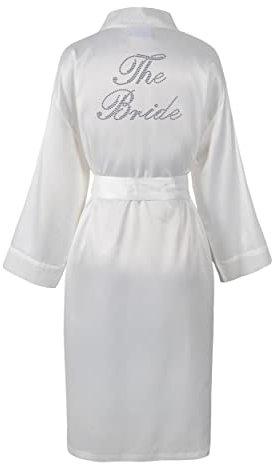 CrystalsRus Elfenbein Varsany Hochzeitstag Strass Satin Die Braut Bademantel individueller Flitterwochen Morgenmantel