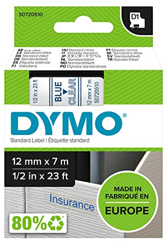 DYMO Original D1-Etikettenband | blau auf transparent | 12 mm x 7 m | selbstklebendes Schriftband | für LabelManager-Beschriftungsgerät