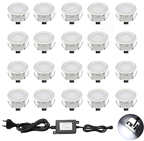 CHNXU 20er Set LED Einbaustrahler Kaltes Weiß Bodeneinbaustrahler 12V Ø30mm Deckenspots 0,6W 9LM Terrassenbeleuchtung Außen IP67 Wasserdichte LED Bodenleuchten Treppen Beleuchtung
