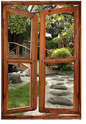 Stickers trompe l'oeil fenêtre jardin japonnais - L 90cm x H 135cm