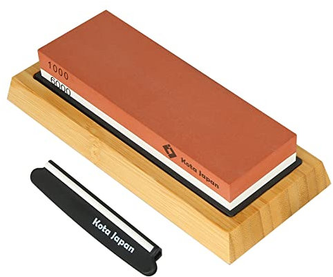 Kota Japan 1000-grit Coarse Side and 6000-grit Polishing Side Knife Sharpening Whetstone with Bamboo Base and Blade Guide