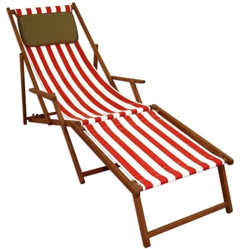Erst-Holz Liegestuhl rot-weiß Gartenliege Sonnenliege Deckchair Buche Fußteil Kissen klappbar 10-314FKD