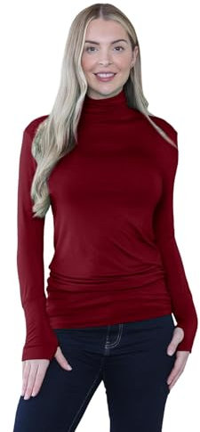 janisramone® Plain Long Sleeve Gym Tops Women with Thumb Hole and High Polo Neck, Plain Stretch Running Top Womens, Pull Over Soft Yoga Tops for Women UK Wine