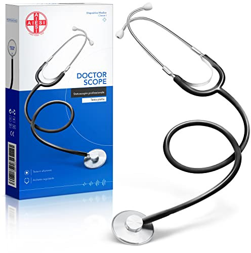AIESI® Estetoscopio profesional de cabeza plana para adultos color negro DOCTOR SCOPE, Garantía 24 meses