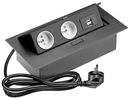 Regleta para escritorio (2 enchufes franceses, 2 puertos USB, cable de alimentación), color negro