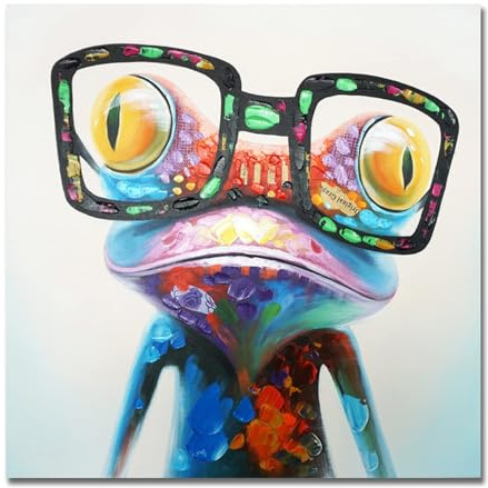 SEVEN WALL ARTS Frog Canvas Wall Art Colorful Animal Painting Pictures Happy Frog with Glasses Oil Painting Modern Framed Artwork for Bedroom Nursery Kids Room Office Decor 24x24
