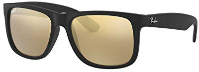 Ray-Ban Unisex RB4165 Justin Rectangular Sunglasses, Rubber Black/Light Brown Mirrored Dark Gold, 51 mm