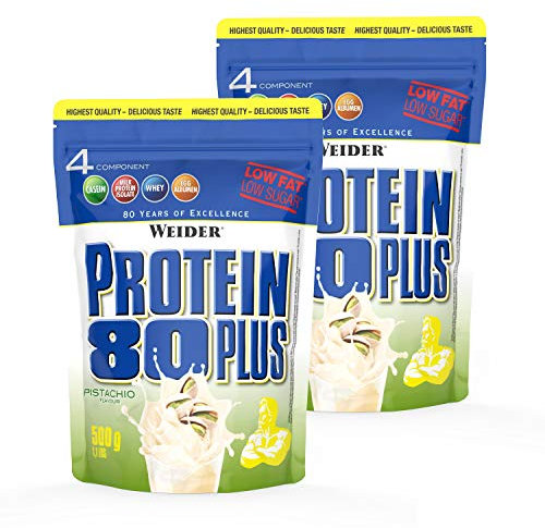 WEIDER Protein 80 Plus Eiweißpulver, 2 Pack, Pistzie, Low-Carb, Mehrkomponenten Casein Whey Mix für Proteinshakes, 2x500g