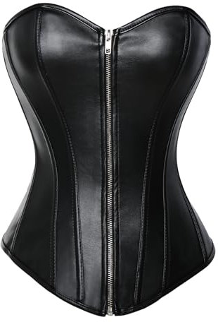 MISS MOLY Corsage|Vollbrust Vintage Kunstleder Korsage Leder-Optik Coolstil Korsett Reißverschluss/Vorderschliesse Corset(Mit G-String) Schwarz M