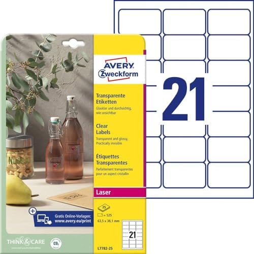 AVERY Zweckform L7782-25 transparente Etiketten (525 Klebeetiketten, 63,5x38,1mm auf A4, selbstklebend, Aufkleber zum Bedrucken, wetterfest, Beschriftungen/Produktaufkleber) 25 Blatt, durchsichtig