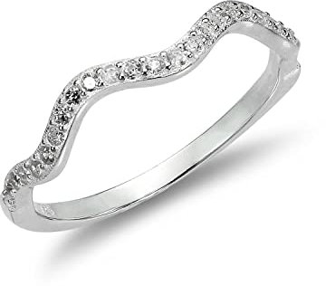Sterling Silber 2mm Welle Ring mit klaren CZ Kristallen | Ringgröße: 62 (Durchmesser: 19,7mm)