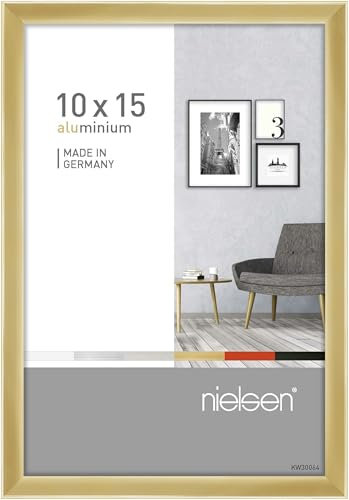 nielsen Bilderrahmen, 10 x 15 cm, Aluminium, Gold glanz, Fotorahmen zum Auftstellen und Aufhängen im Hoch- & Querformat, Echtglas, Pixel
