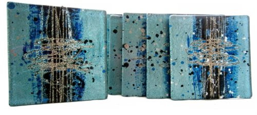 Glass Coasters set of 4 cosmos, blue,Black and silver by Aspire Art Glass