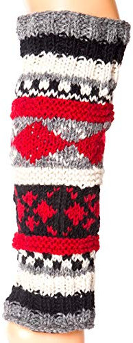 Tibetan Socks Black/Red Hand Knit Wool Fleece Lined Leg Warmers Boot Toppers