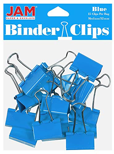 JAM PAPER Colorful Binder Clips - Medium - 1 1/4 Inch (32 mm) - Blue Binderclips - 15/Pack