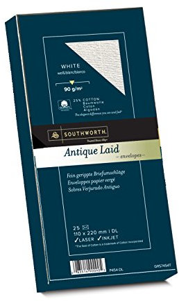 Southworth 90090 Umschläge fein geripptes Papier mit 25% Baumwolle, DIN lang, weiß, mit Wasserzeichen 90g/qm, 25 Stück im Karton