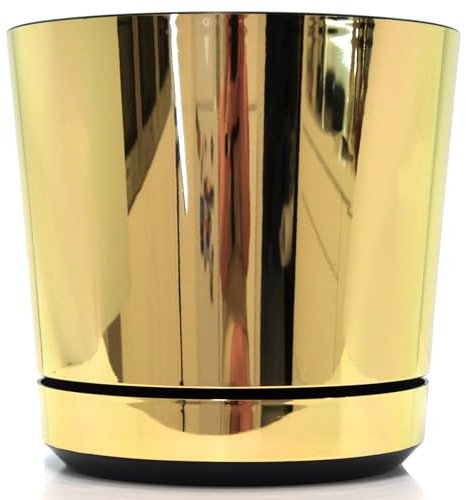 KERD Blumentopf 32 cm, Glanzgold (011), dekorativ, hochwertig, aus recyceltem Material, mit Drainagesystem, mit Untersetzer, handbeklebt, Spiegeleffekt, Hochglanz, für Moderne Innenräume, Glamour