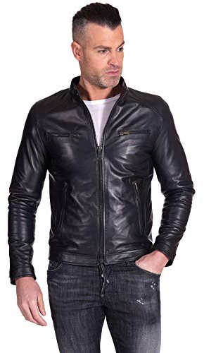 D'Arienzo Mens Black Leather Jacket Biker Genuine Leather Made in Italy Hamilton Black/60/4XL