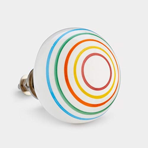 Pushka Home Large Colourful Striped Ceramic Porcelain Cupboard Door Knob. 50mm white drawer handles features multi-colour candy stripes. Suit doors up to 21mm. Fun decorative knobs sold individually & add colour to furniture doors.