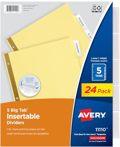 Avery Insertable Dividers for 3 Ring Binder, 5-Tab Set, Clear Big Tabs, Buff Paper with Gold-Reinforced, 24 Sets, Great for Organizing Projects, Reports, Finances, and More (11113)