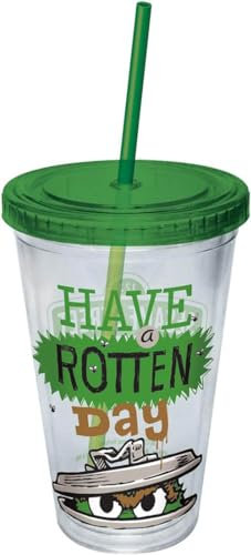 Plastic Mug - Sesame Street - Oscar Have A Rotten Day Cup w/Straw New 06798