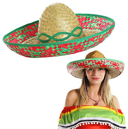 Sombrero mexicano de lujo verde bordado – Sombrero de paja grande del Salvaje Oeste + bigote falso + cigarro accesorio de vacaciones ideal para despedida de soltero, fiesta en la playa, verano
