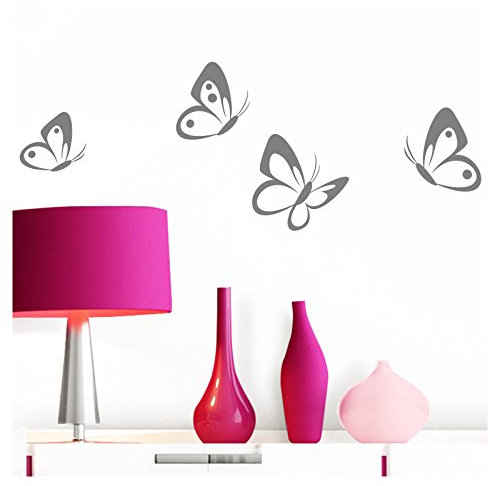 Grandora Wandtattoo 4er Set Schmetterlinge I Mittelgrau 8-10 cm I Baby Kinderzimmer selbstklebend Wand Aufkleber Wandaufkleber Wandsticker Sticker W697